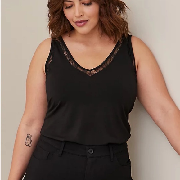 STUDIO CREPE JERSEY LACE INSET DOUBLE V-NECK TANK - NWT - Picture 2 of 7